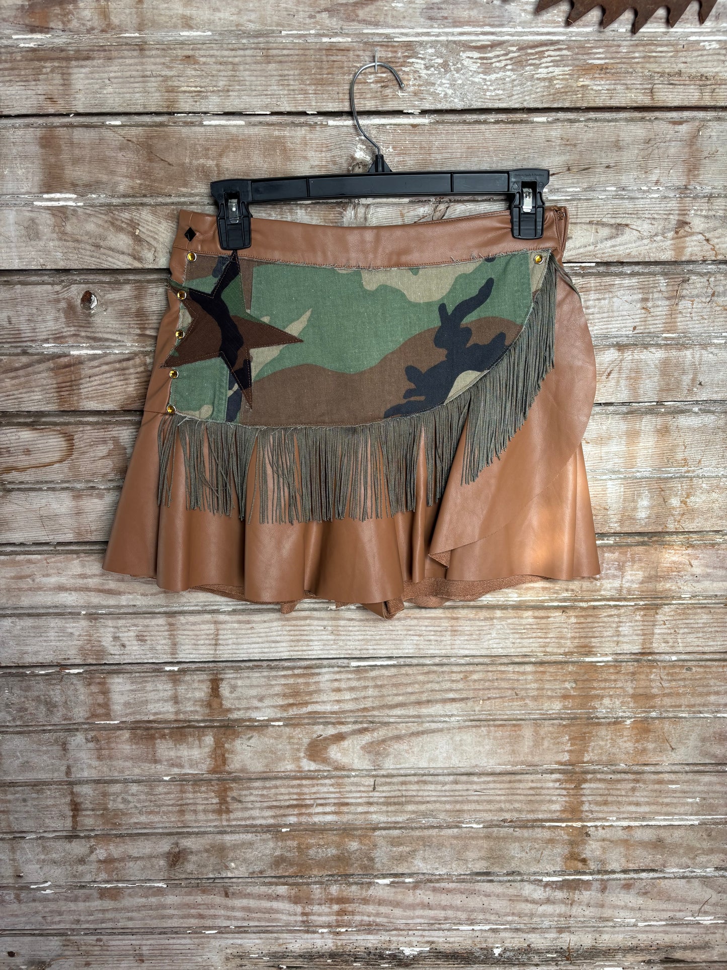 Upcycled Camo/Fringe Faux Skort
