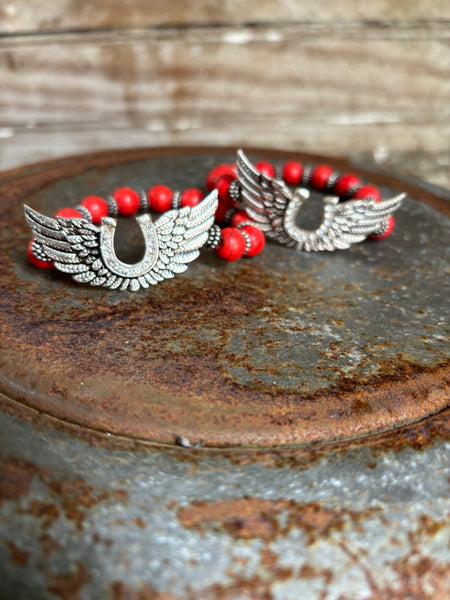 Horseshoe Angel Wing Red Bead Stretch Bracelet
