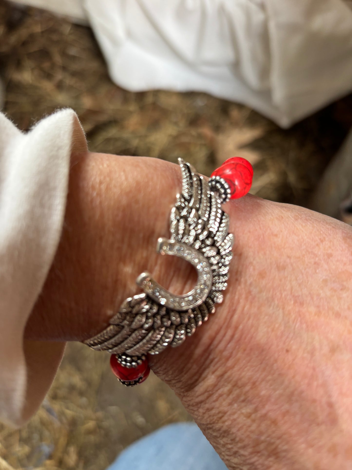 Horseshoe Angel Wing Red Bead Stretch Bracelet