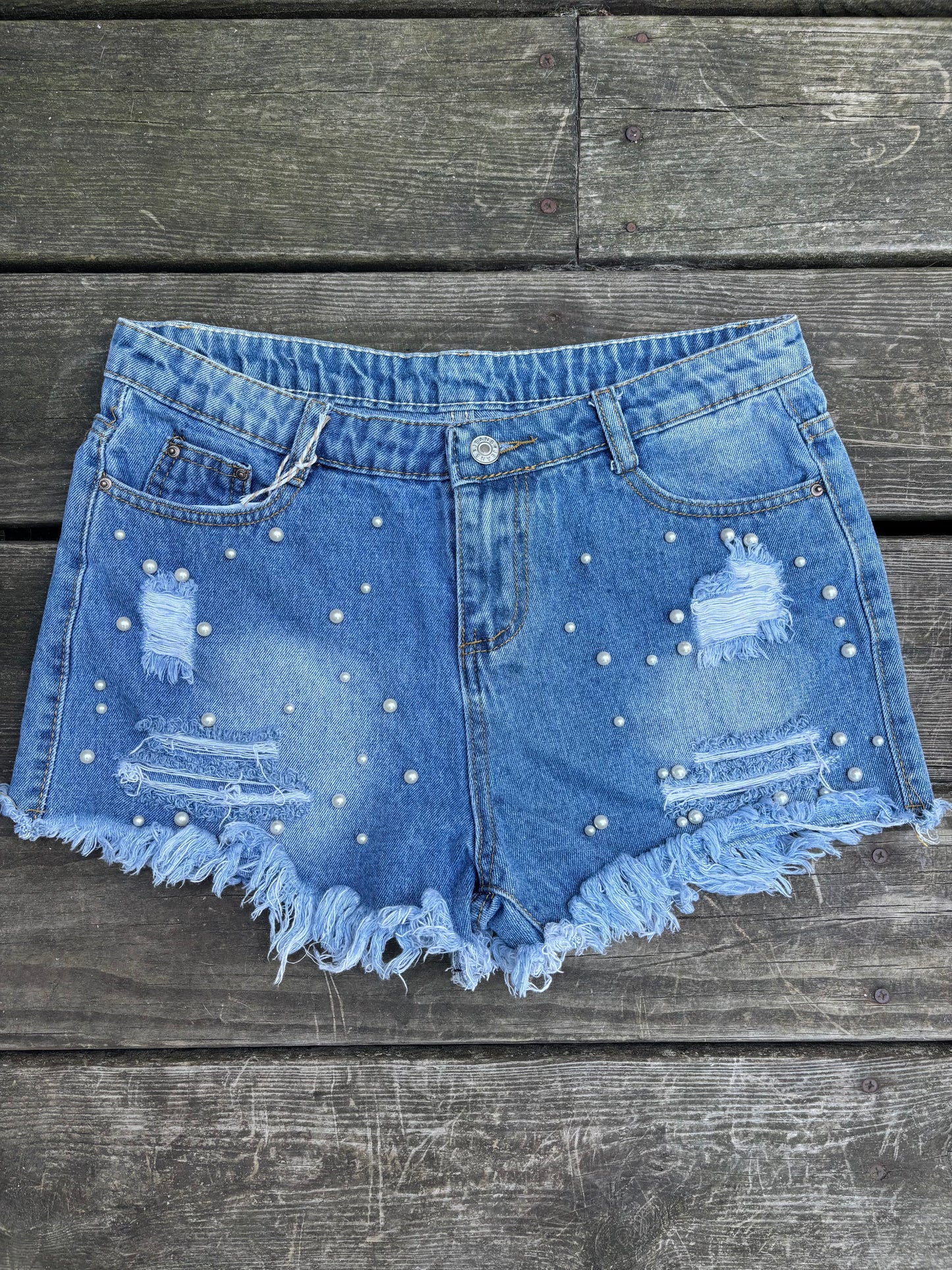 Distressed Denim Pearl Shorts