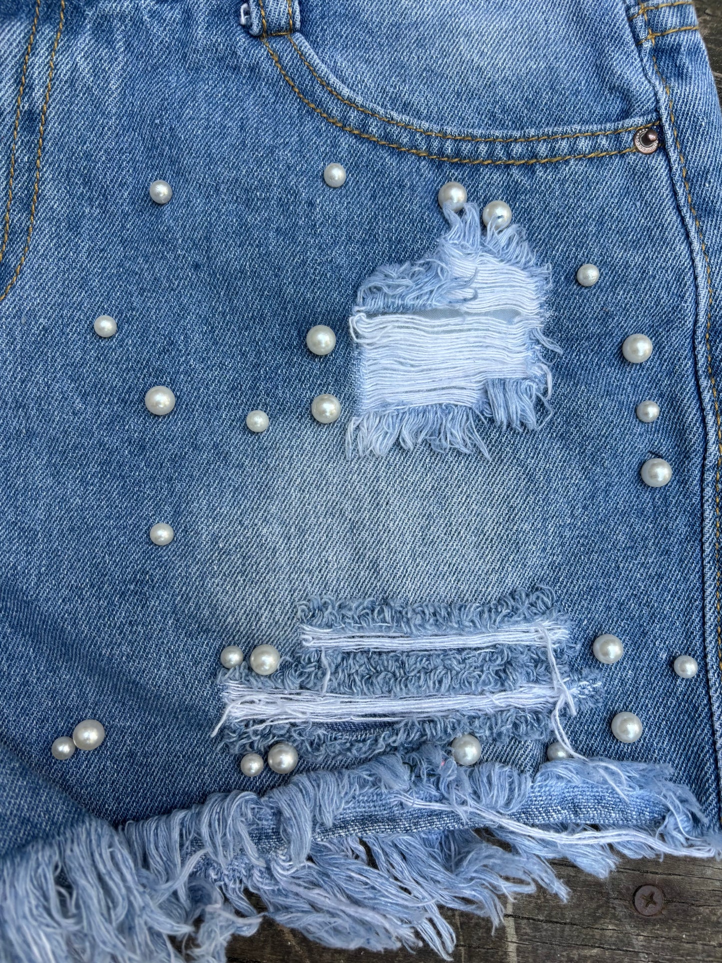 Distressed Denim Pearl Shorts