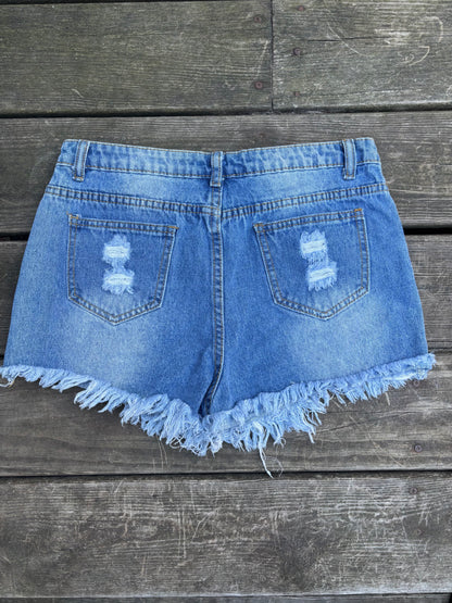 Distressed Denim Pearl Shorts